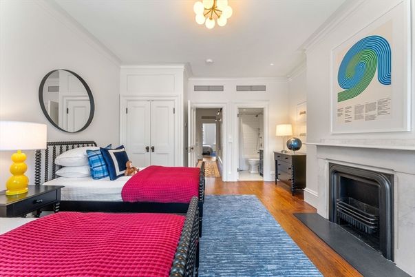 Bedroom, Fireplace, Interior, Recessed Lighting, Wood Texture Flooring