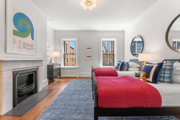 Bedroom, Fireplace, Interior, Wood Texture Flooring