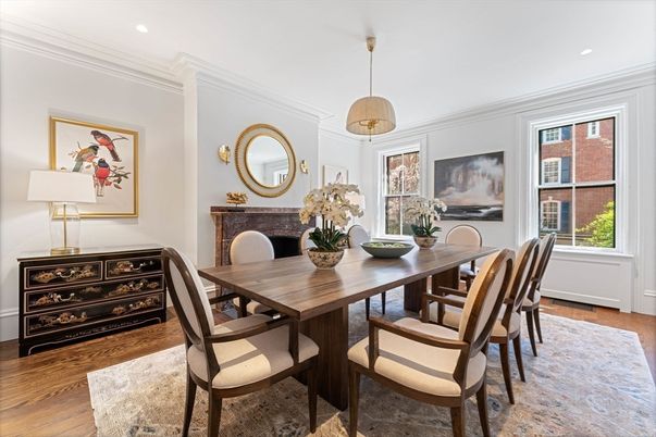 Dining room, Interior, Pendant Lights, Recessed Lighting, Wood Texture Flooring