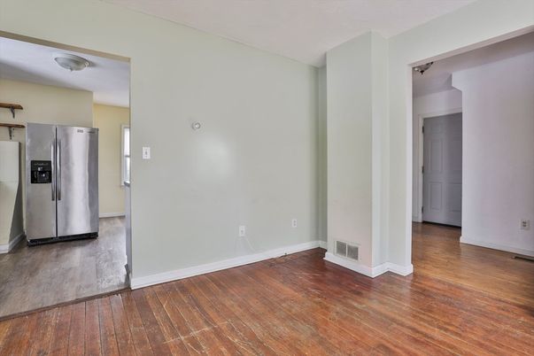 Empty room, Interior, Kitchen, Stainless Steel Appliances, Wood Texture Flooring