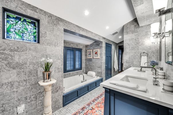Bathroom, Dual Sink Vanities, Interior, Recessed Lighting, Stone Walls