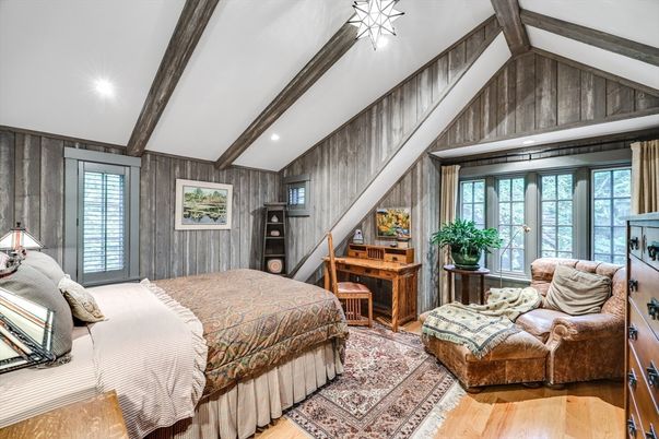 Bedroom, Interior, Recessed Lighting, Wooden Beams, Wood Texture Flooring