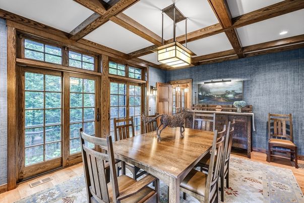 Dining room, Interior, Pendant Lights, Recessed Lighting, Wooden Beams, Wood Texture Flooring