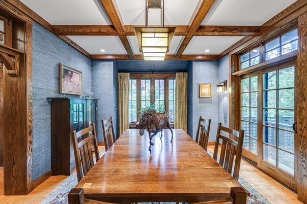 Dining room, Interior, Recessed Lighting, Wooden Beams, Wood Texture Flooring