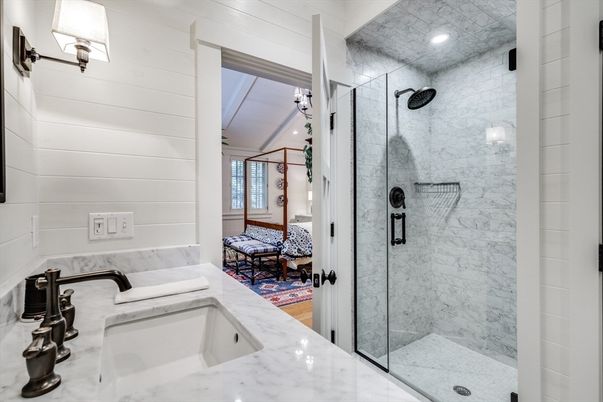 Bathroom, Glass Shower, Interior, Marble Walls, Recessed Lighting