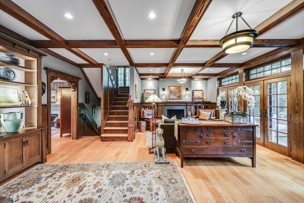 Interior, Pendant Lights, Recessed Lighting, Wooden Beams, Wood Texture Flooring