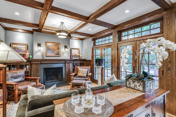 Fireplace, Interior, Living room, Recessed Lighting, Wooden Beams