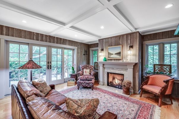 Fireplace, Interior, Living room, Recessed Lighting, Wood Texture Flooring, Wooden Walls