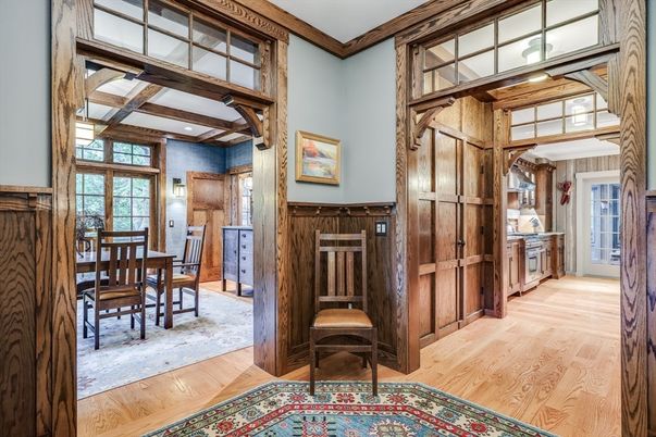Dining room, Interior, Recessed Lighting, Wooden Beams, Wood Texture Flooring