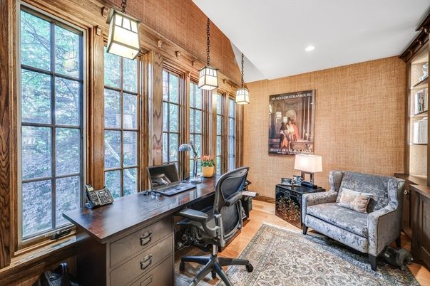 Home Office, Interior, Pendant Lights, Recessed Lighting, Wood Texture Flooring