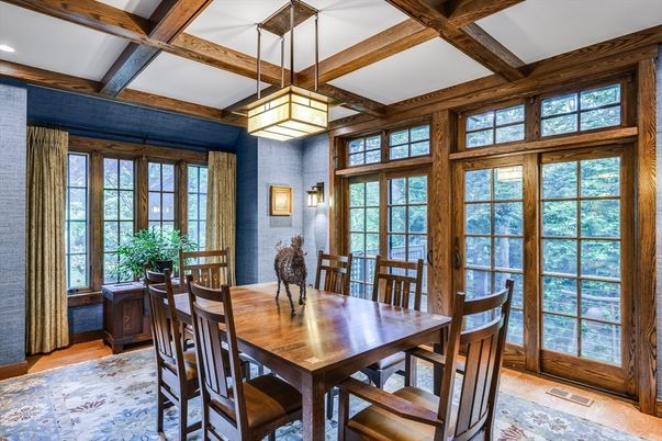 Dining room, Interior, Pendant Lights, Recessed Lighting, Wooden Beams, Wood Texture Flooring