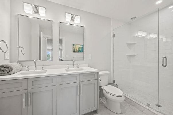 Bathroom, Dual Sink Vanities, Glass Shower, Interior, Recessed Lighting