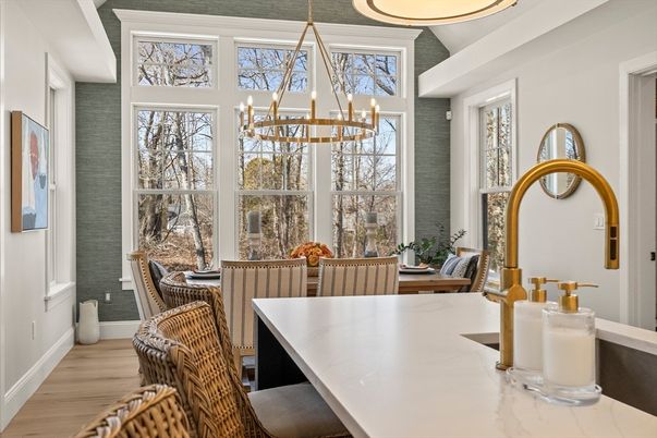 Dining room, Interior, Pendant Lights, Wood Texture Flooring
