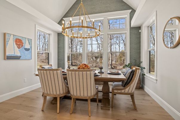 Dining room, Interior, Pendant Lights, Wood Texture Flooring