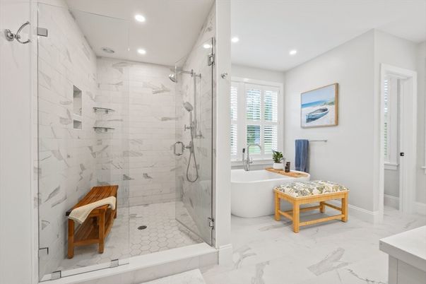 Bathroom, Free Standing Baths, Glass Shower, Interior, Marble, Marble Walls, Recessed Lighting