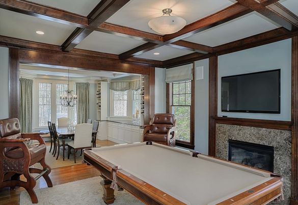 Billiard Table, Chandelier, Dining room, Fireplace, Game Room, Interior, Recessed Lighting, Wooden Beams, Wood Texture Flooring