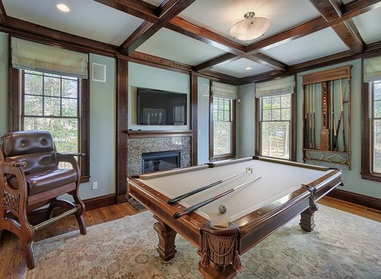 Billiard Table, Fireplace, Game Room, Interior, Recessed Lighting, Wooden Beams, Wood Texture Flooring