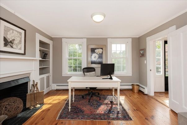 Fireplace, Home Office, Interior, Wood Texture Flooring