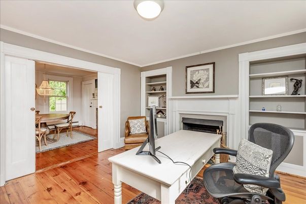 Fireplace, Home Office, Interior, Pendant Lights, Wood Texture Flooring