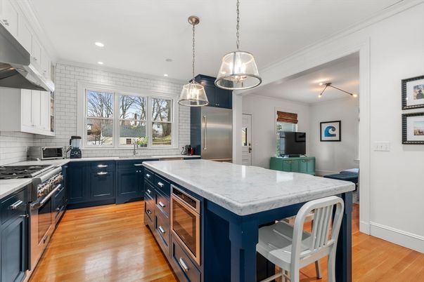 Interior, Kitchen, Pendant Lights, Recessed Lighting, Stainless Steel Appliances, Wood Texture Flooring