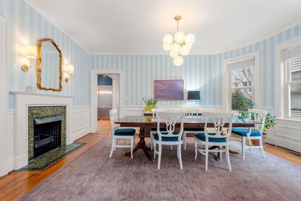 Dining room, Fireplace, Interior, Pendant Lights, Wood Texture Flooring