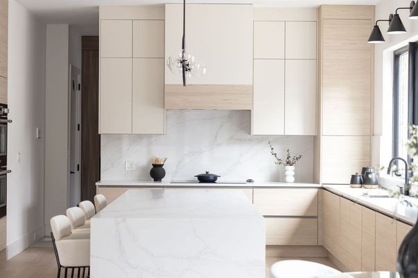 Interior, Kitchen, Marble Walls, Pendant Lights, Wood Texture Flooring
