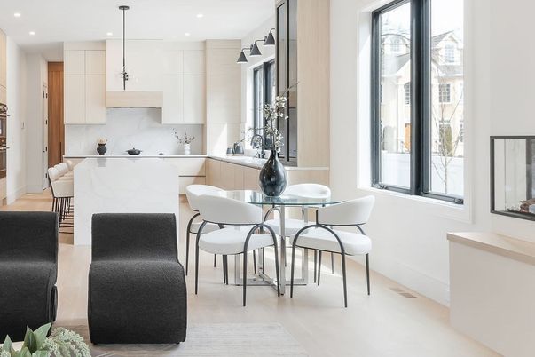 Dining room, Interior, Kitchen, Marble Walls, Recessed Lighting