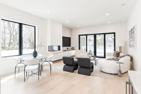 Dining room, Interior, Living room, Recessed Lighting, Wood Texture Flooring