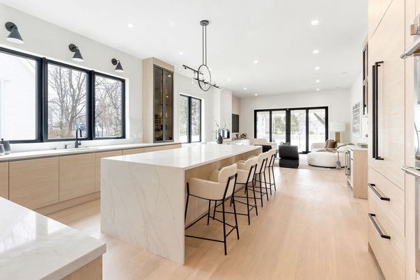 Interior, Kitchen, Living room, Pendant Lights, Recessed Lighting, Wood Texture Flooring