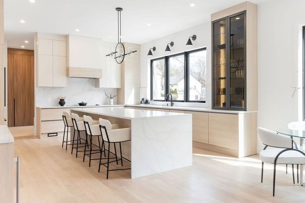 Interior, Kitchen, Marble Walls, Pendant Lights, Recessed Lighting, Stainless Steel Appliances, Wood Texture Flooring