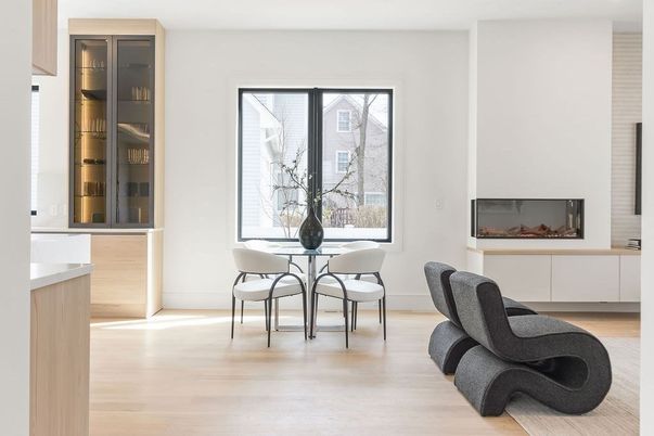 Dining room, Fireplace, Interior, Wood Texture Flooring