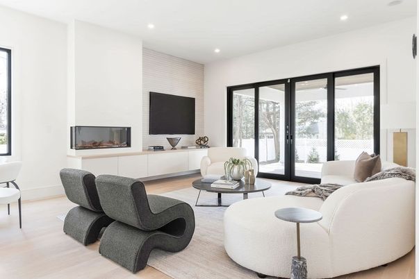 Fireplace, Interior, Living room, Recessed Lighting, Wood Texture Flooring