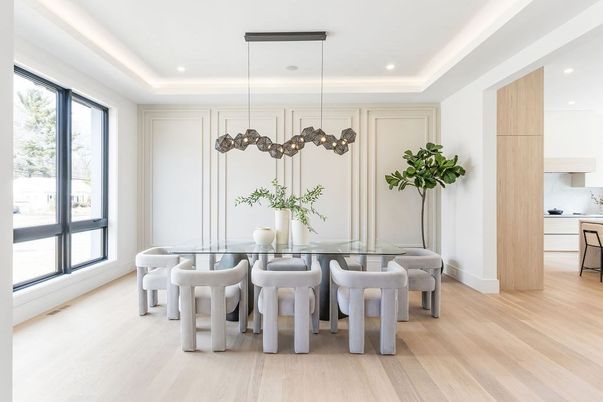 Dining room, Interior, Pendant Lights, Recessed Lighting, Wood Texture Flooring