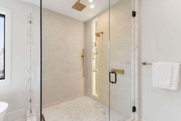 Bathroom, Glass Shower, Interior, Recessed Lighting