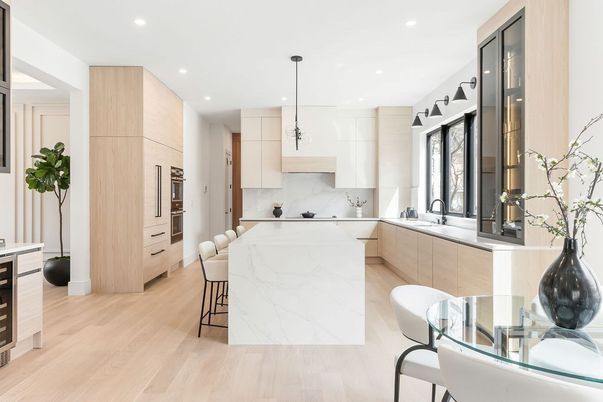 Interior, Kitchen, Marble Walls, Pendant Lights, Recessed Lighting, Stainless Steel Appliances, Wood Texture Flooring
