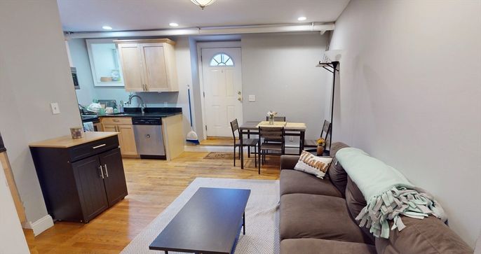 Dining room, Interior, Kitchen, Living room, Recessed Lighting, Wood Texture Flooring