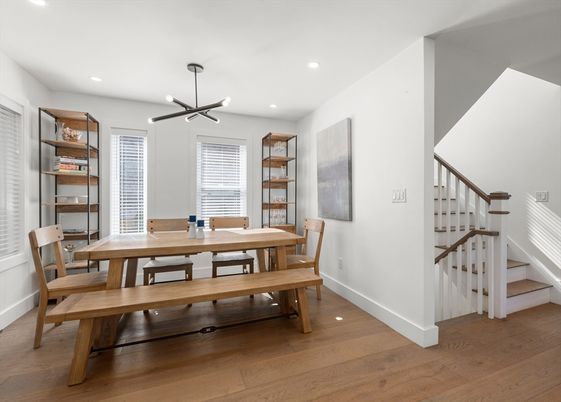 Dining room, Interior, Pendant Lights, Recessed Lighting, Wood Texture Flooring