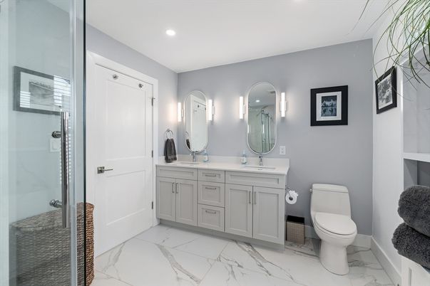 Bathroom, Dual Sink Vanities, Glass Shower, Interior, Marble, Recessed Lighting