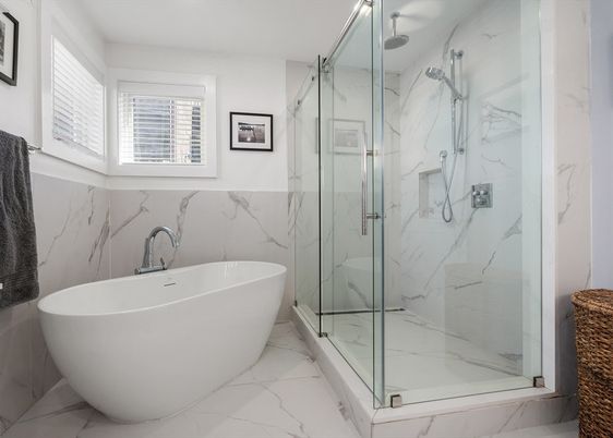 Bathroom, Free Standing Baths, Glass Shower, Interior, Marble, Marble Walls