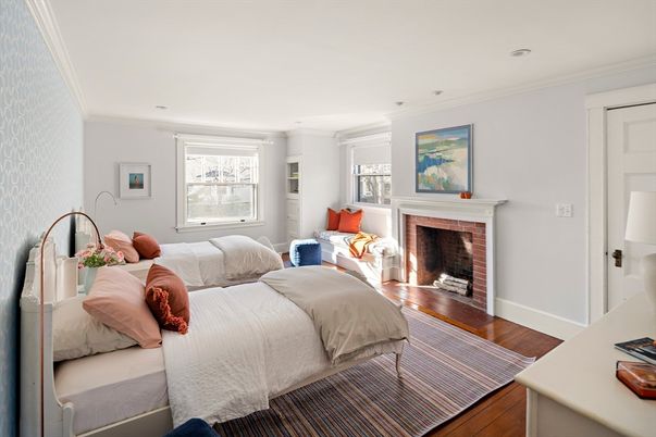 Bedroom, Fireplace, Interior, Wood Texture Flooring