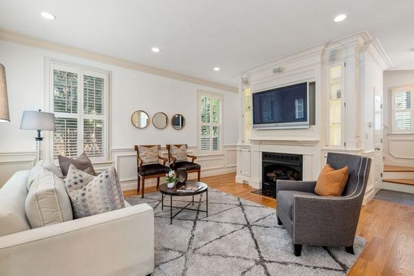 Fireplace, Interior, Living room, Recessed Lighting, Wood Texture Flooring