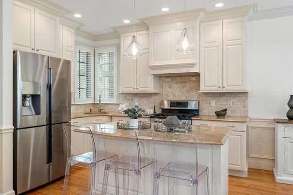 Interior, Kitchen, Pendant Lights, Recessed Lighting, Stainless Steel Appliances, Wood Texture Flooring