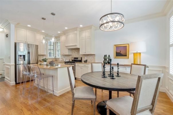 Dining room, Interior, Kitchen, Pendant Lights, Recessed Lighting, Stainless Steel Appliances, Wood Texture Flooring