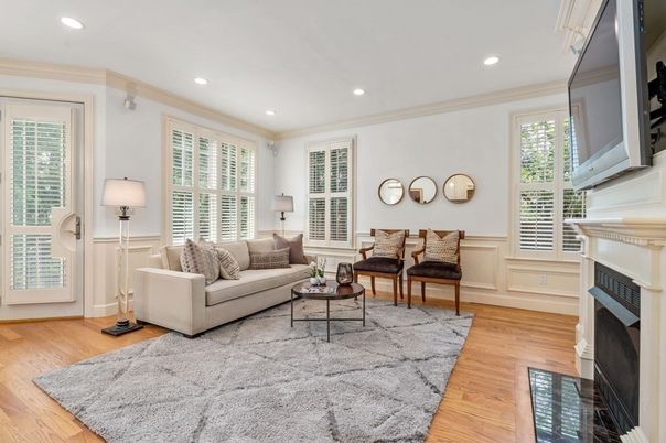 Fireplace, Interior, Living room, Recessed Lighting, Wood Texture Flooring