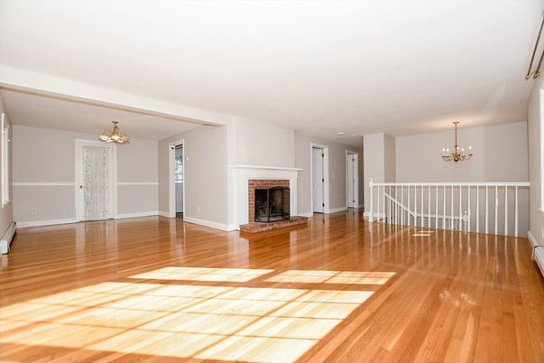 Chandelier, Empty room, Fireplace, Interior, Wood Texture Flooring
