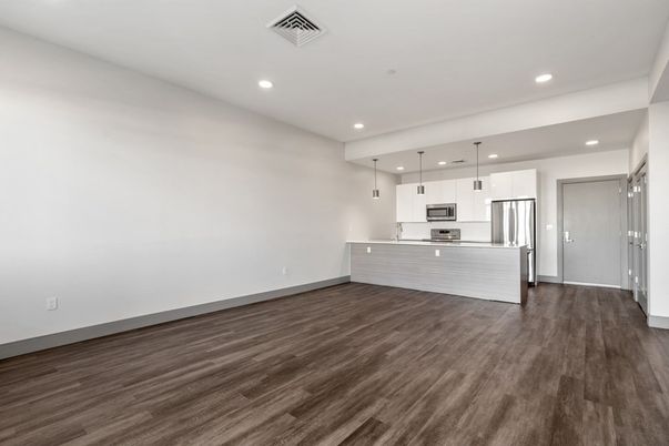 Empty room, Interior, Kitchen, Pendant Lights, Recessed Lighting, Stainless Steel Appliances, Wood Texture Flooring