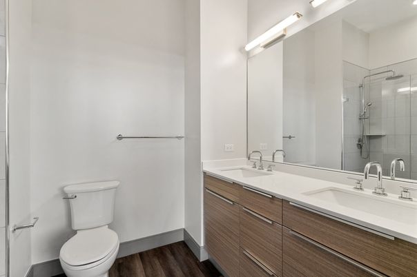 Bathroom, Dual Sink Vanities, Glass Shower, Interior, Wood Texture Flooring