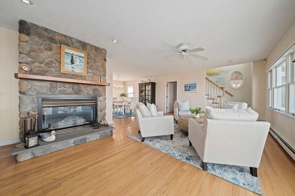 Dining room, Fireplace, Interior, Living room, Pendant Lights, Recessed Lighting, Stone Walls, Wood Texture Flooring
