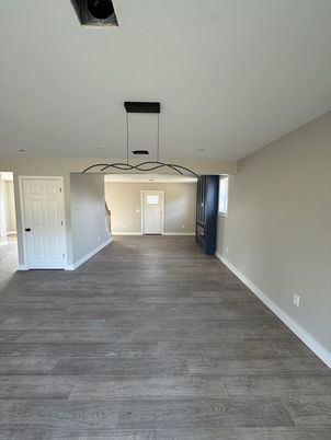Empty room, Interior, Pendant Lights, Recessed Lighting, Wood Texture Flooring