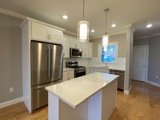 Interior, Kitchen, Pendant Lights, Recessed Lighting, Stainless Steel Appliances, Wood Texture Flooring